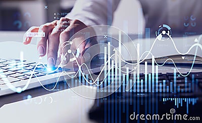 Businesswoman or stock trader analyzing stock graph chart by fibonacci indicator side view business woman using laptop to buy or Stock Photo