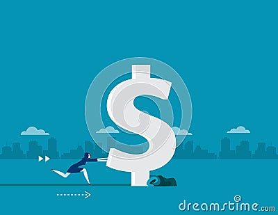 Businesswoman struggling to push dollar sign to forward. Concept business vector illustration Vector Illustration