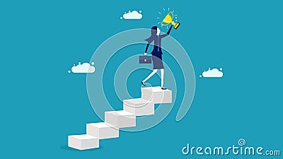 Businesswoman successful. Hope for success in business. Climb the stairs to the top to win the star reward Vector Illustration