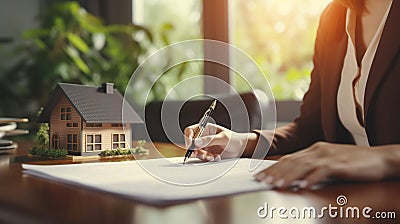 Businesswoman in a suit signing a home loan contract. AI Generated Stock Photo