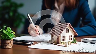 Businesswoman in a suit signing a home loan contract. AI Generated Stock Photo