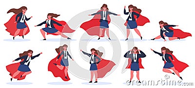 Businesswoman superhero. Female superhero character in superhero action poses in red cloak. Super hero powerful lady Cartoon Illustration