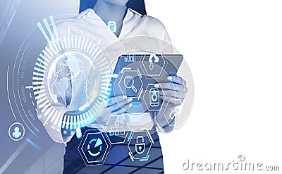 Businesswoman with tablet, earth sphere and global network. Copy space Stock Photo