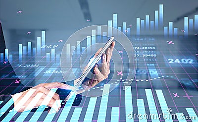 Businesswoman with tablet in hands trades on stock market Stock Photo