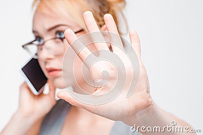 Businesswoman talk on phone wait five minutes Stock Photo