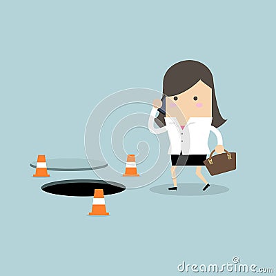 Businesswoman is talking on the phone without being careful of the hole on the ground. Vector Illustration
