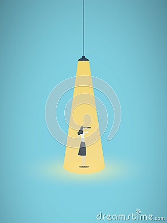 Businesswoman with telescope in spotlight, hiring, headhunting vector concept. Symbol of searching for talent Vector Illustration