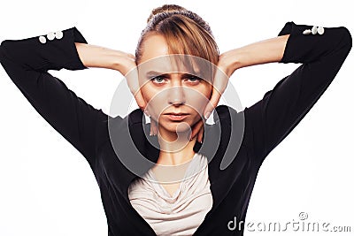 Businesswoman terrified hold hand on head Stock Photo