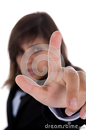 Businesswoman touch screen with finger Stock Photo