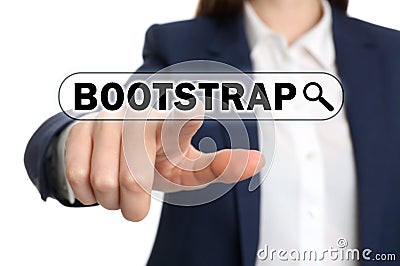 Businesswoman touching virtual screen with word BOOTSTRAP in search bar against background, focus on hand Stock Photo