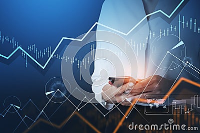 Businesswoman trader in white shirt working adn checking quotes using smart phone. Forex graph hologram foreground. Concept of Stock Photo