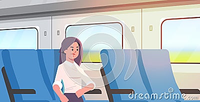 Businesswoman traveling by train passenger woman sitting on comfortable chair during business trip travel long short Vector Illustration