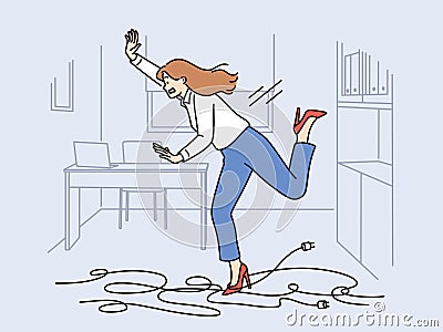 Businesswoman trips on wires and falls, risking injury due to clumsiness or mess in workplace Vector Illustration