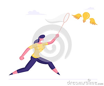 Businesswoman Trying to Catch Flying Light Bulb Chasing it with Butterfly Net. Business Woman Searching Opportunity Vector Illustration