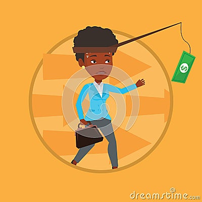 Businesswoman trying to catch money on fishing rod Vector Illustration