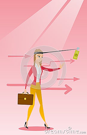 Businesswoman trying to catch money on fishing rod Vector Illustration