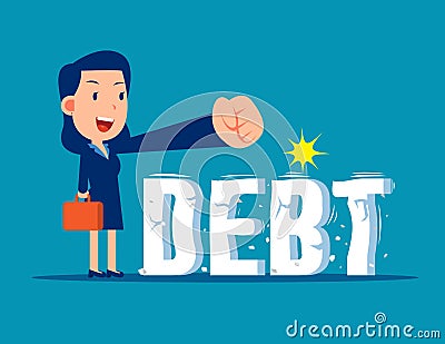 Businesswoman trying to crush and smash the heavy debt burden. Breaking the debt Vector Illustration