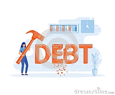 Businesswoman trying to crush and smash the heavy debt burden, debt settlement. Vector Illustration