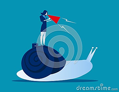 Businesswoman Urging on Snail. Concept business vector illustration. Vector Illustration