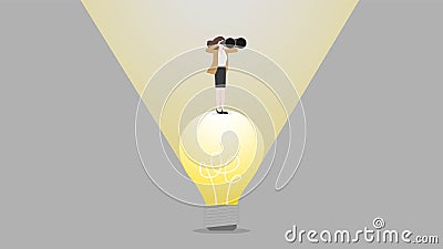 A businesswoman uses binoculars on a big light bulb Vector Illustration