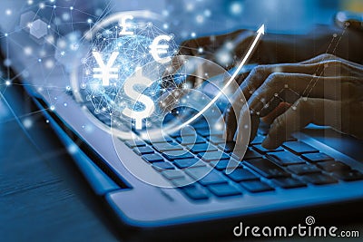 Businesswoman uses laptop computer, world currencies, wallet cryptocurrency on virtual screen Stock Photo