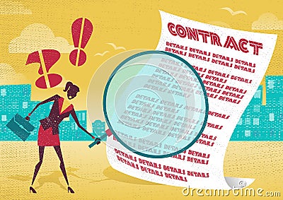 Businesswoman uses magnifying glass to check contract. Vector Illustration