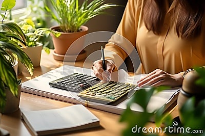 businesswoman using a calculator to calculate business principles Generative AI Stock Photo