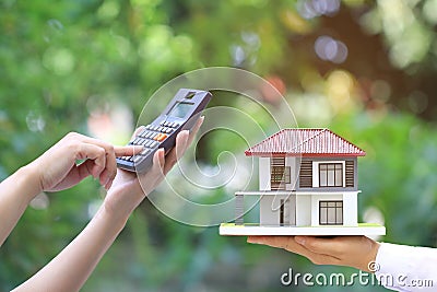 Businesswoman using a calculator and wooden house on green background, Accountants calculating profit and Interest rates concept Stock Photo