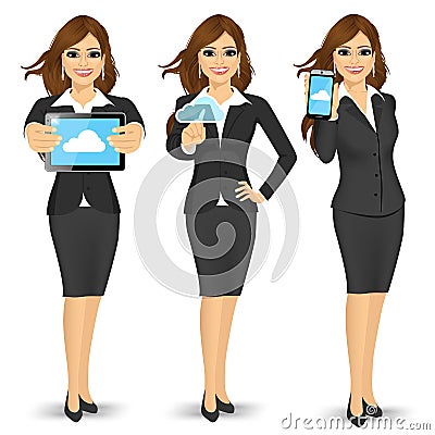 Businesswoman using cloud computing on different devices Vector Illustration