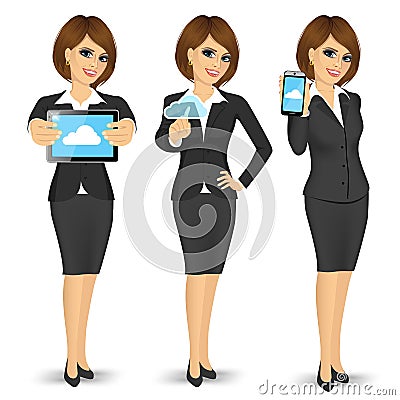 Businesswoman using cloud computing on different devices Vector Illustration