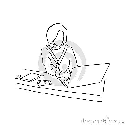 Businesswoman using computer notebook laptop on her desk vector Vector Illustration