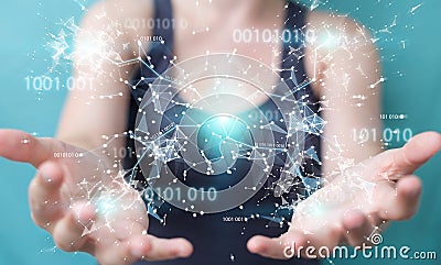 Businesswoman using digital binary code connection network 3D re Stock Photo