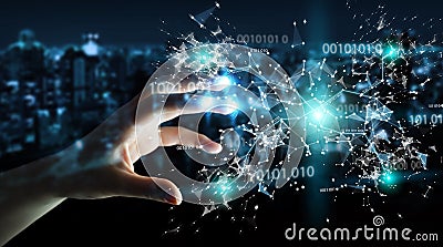 Businesswoman using digital binary code connection network 3D re Stock Photo