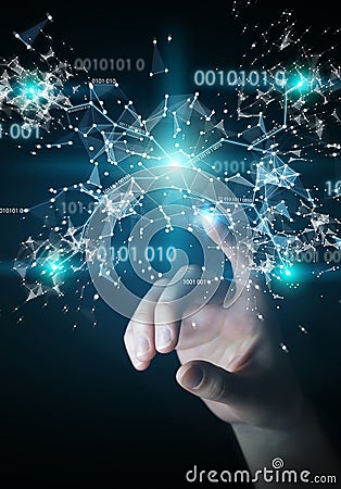 Businesswoman using digital binary code connection network 3D re Stock Photo