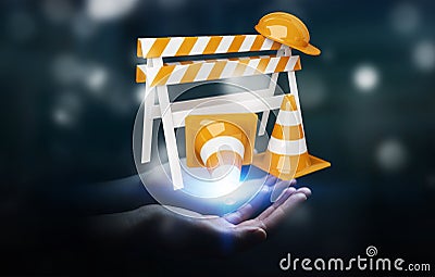 Businesswoman using digital 3D rendering under construction sign Stock Photo