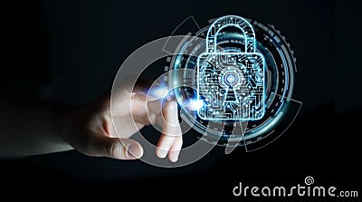 Businesswoman using digital padlock to secure her datas 3D rendering Stock Photo