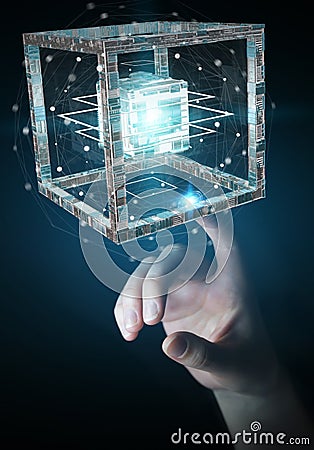 Businesswoman using futuristic cube textured object 3D rendering Stock Photo