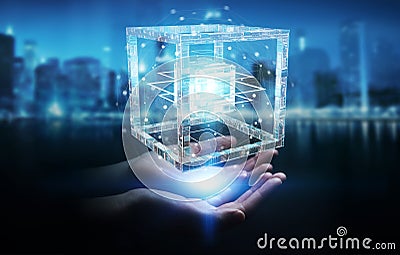Businesswoman using futuristic cube textured object 3D rendering Stock Photo