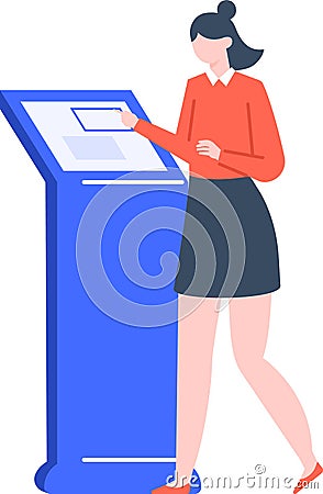 Businesswoman using interactive kiosk with large touchscreen interface selecting information or using self service Vector Illustration
