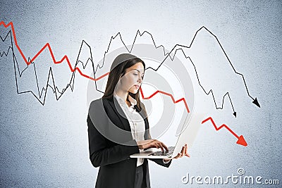 Businesswoman using laptop and crash crisis chart Stock Photo