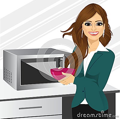 Businesswoman using microwave to heat homemade food Vector Illustration