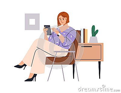 Businesswoman using mobile phone, cellphone. Business woman sitting with smartphone in hands, surfing internet, reading Cartoon Illustration