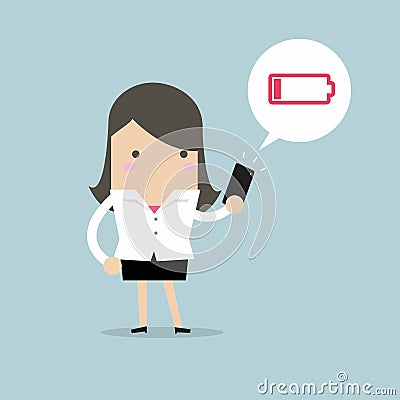 Businesswoman using smartphone with low battery alert. Vector Illustration