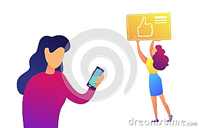 Businesswoman using smartphone and thumb up icon vector illustration. Vector Illustration