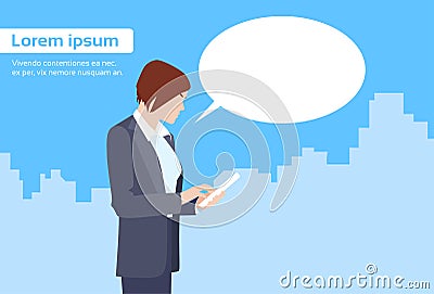 Businesswoman Using Tablet Computer Send Message Vector Illustration