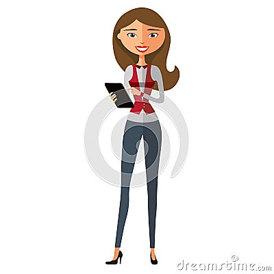 Businesswoman using tablet device tablet computer touch screen flat cartoon vector illustration. Eps10. Isolated on a white Vector Illustration