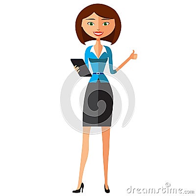 Businesswoman using tablet device tablet computer touch screen flat cartoon vector illustration. Eps10. Isolated on a white Vector Illustration