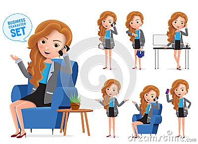 Businesswoman vector characters set. Sitting business woman young office manager character. Vector Illustration