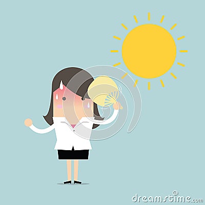 Businesswoman very hot with folding fan blow and the sun Vector Illustration