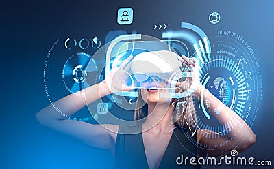 Businesswoman in vr headset, futuristic technology hud hologram Stock Photo
